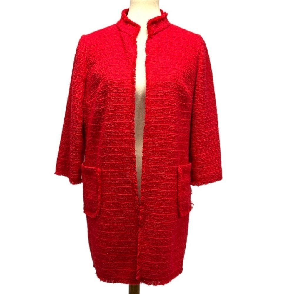 Chico’s Red Cotton Textured Fringe Open Front Cardigan Topper Womens Sz (1) 8/10 - Picture 2 of 6